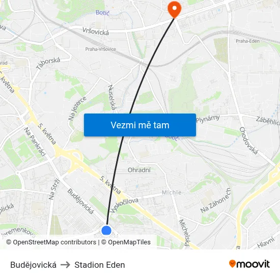 Budějovická to Stadion Eden map
