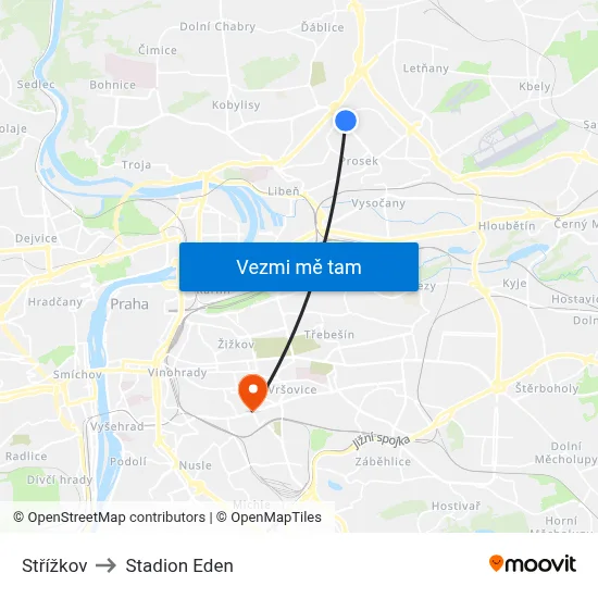 Střížkov to Stadion Eden map