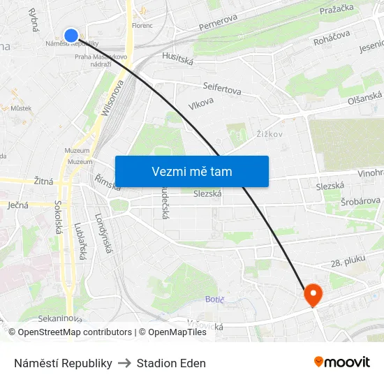 Náměstí Republiky to Stadion Eden map