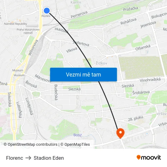 Florenc to Stadion Eden map