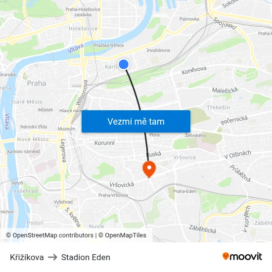 Křižíkova to Stadion Eden map