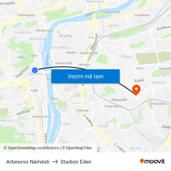 Arbesovo Náměstí to Stadion Eden map