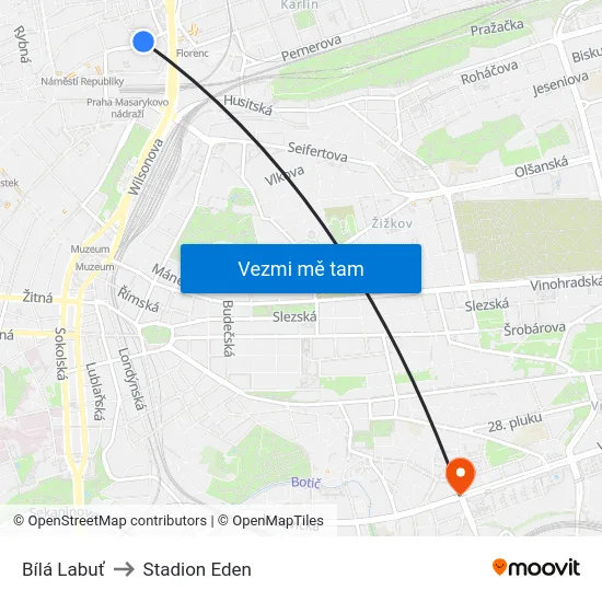 Bílá Labuť to Stadion Eden map