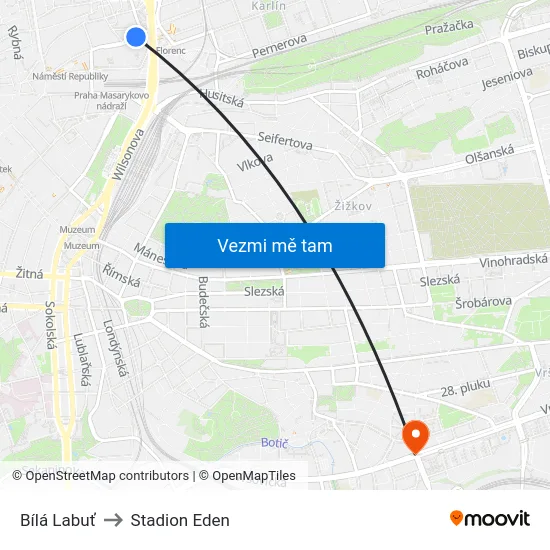 Bílá Labuť to Stadion Eden map