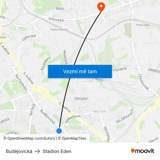 Budějovická to Stadion Eden map