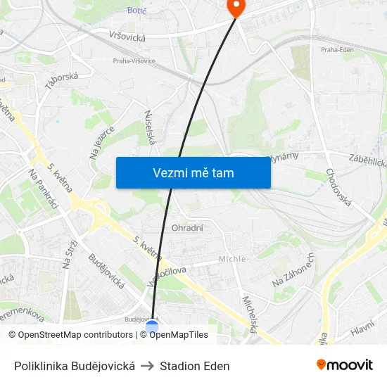 Poliklinika Budějovická to Stadion Eden map