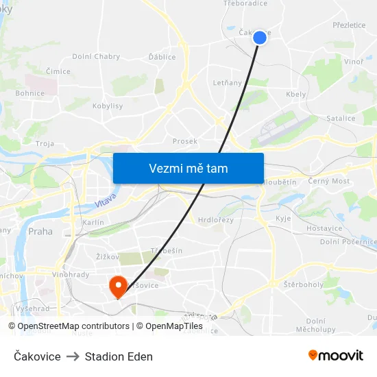 Čakovice to Stadion Eden map
