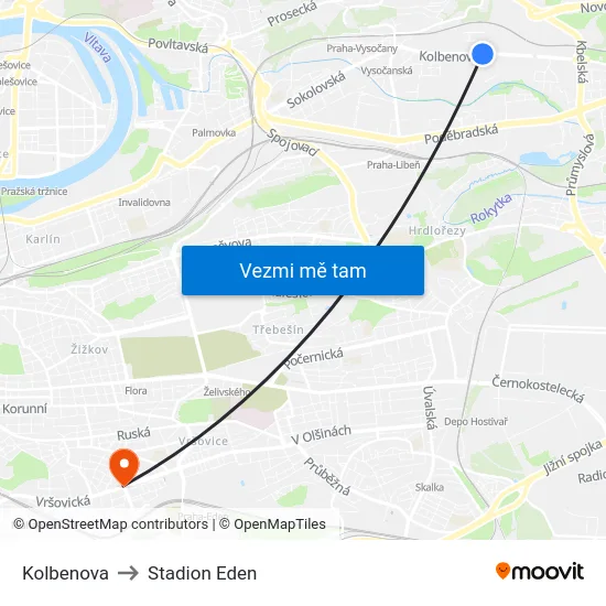 Kolbenova to Stadion Eden map