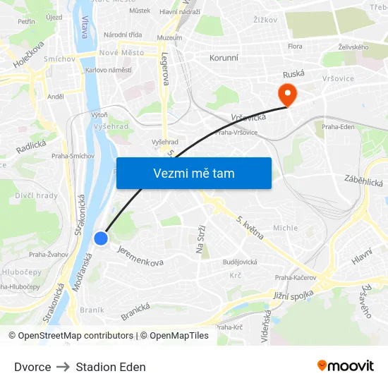 Dvorce to Stadion Eden map