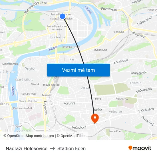 Nádraží Holešovice to Stadion Eden map