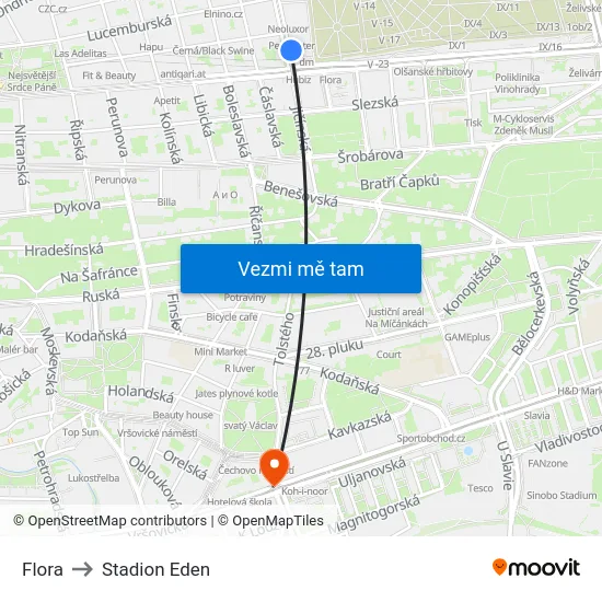 Flora to Stadion Eden map