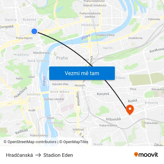 Hradčanská to Stadion Eden map