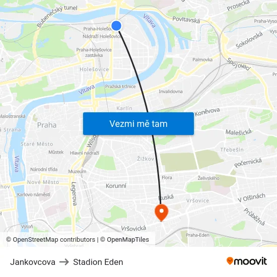 Jankovcova to Stadion Eden map