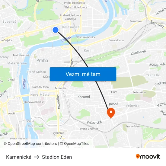 Kamenická to Stadion Eden map