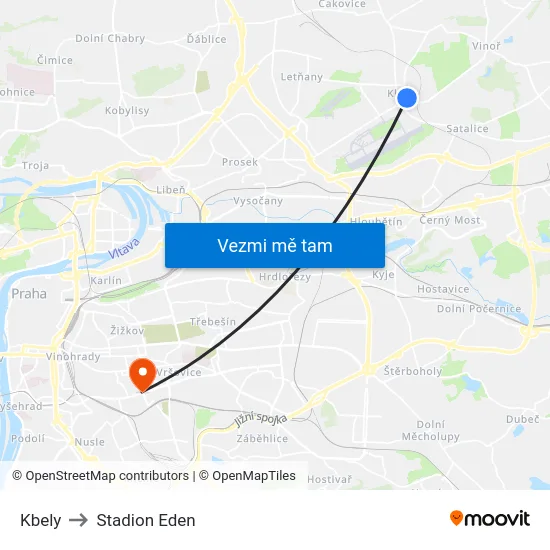 Kbely to Stadion Eden map