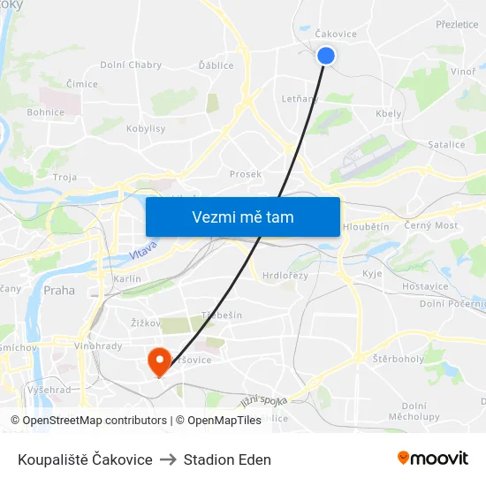 Koupaliště Čakovice to Stadion Eden map