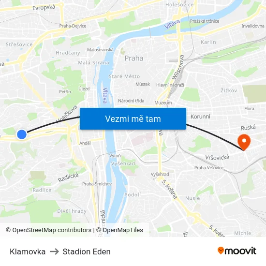 Klamovka to Stadion Eden map