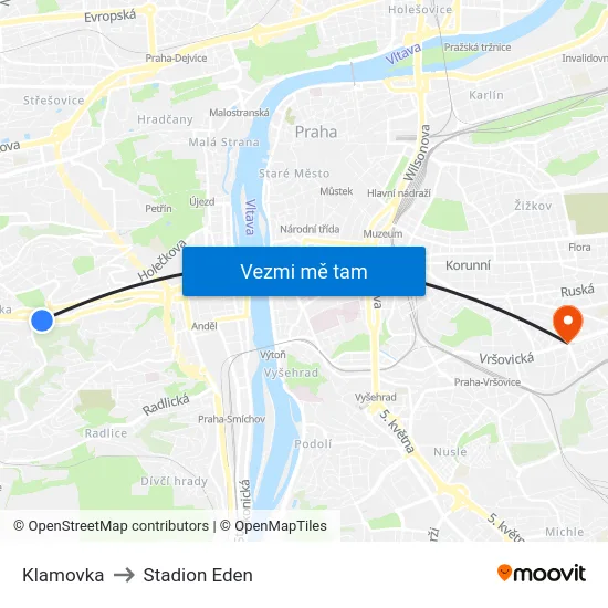 Klamovka to Stadion Eden map