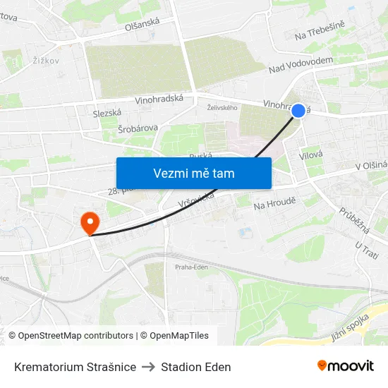 Krematorium Strašnice to Stadion Eden map