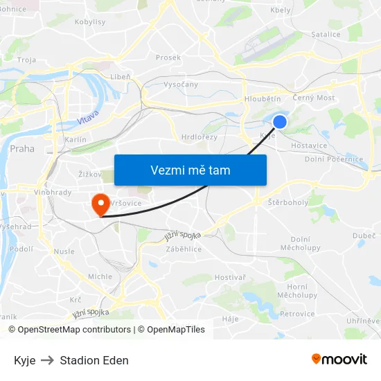 Kyje to Stadion Eden map