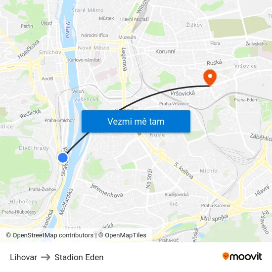 Lihovar to Stadion Eden map