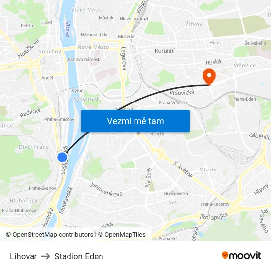 Lihovar to Stadion Eden map