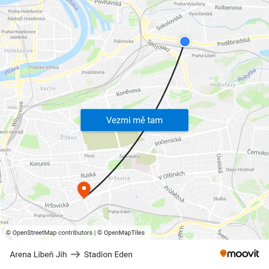 Arena Libeň Jih to Stadion Eden map