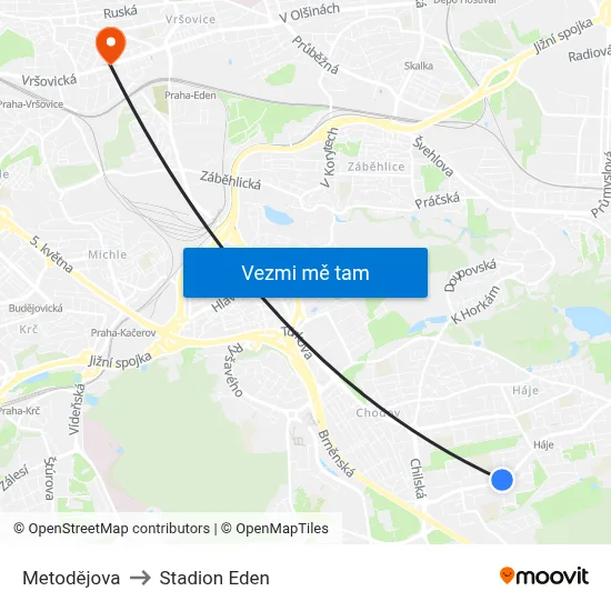 Metodějova to Stadion Eden map