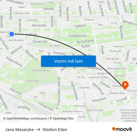 Jana Masaryka to Stadion Eden map