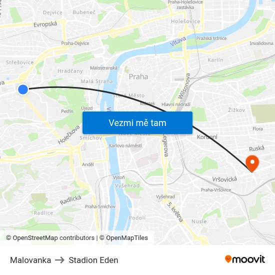 Malovanka to Stadion Eden map