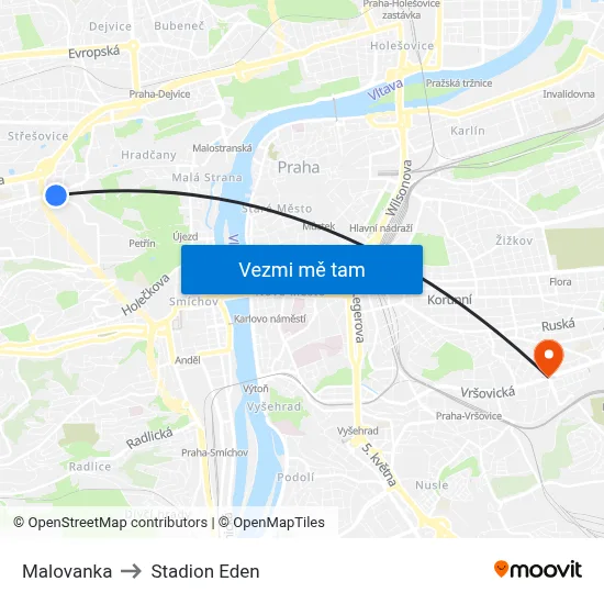 Malovanka to Stadion Eden map