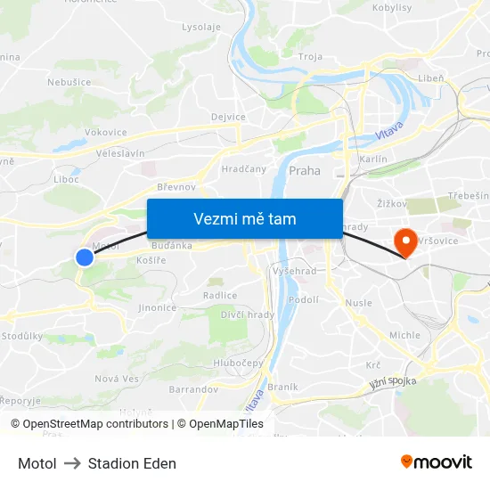 Motol to Stadion Eden map