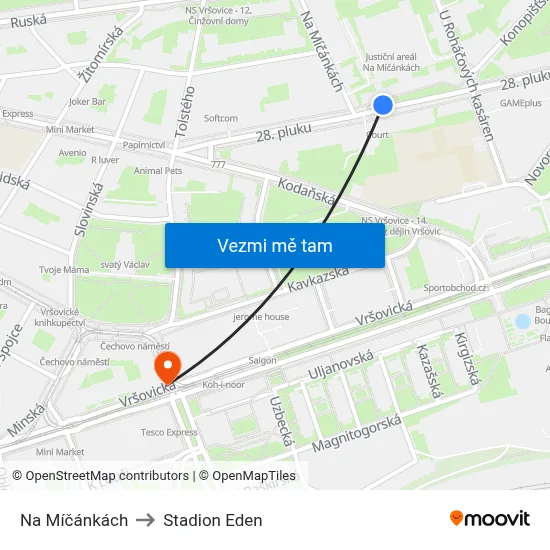 Na Míčánkách to Stadion Eden map
