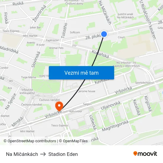 Na Míčánkách to Stadion Eden map