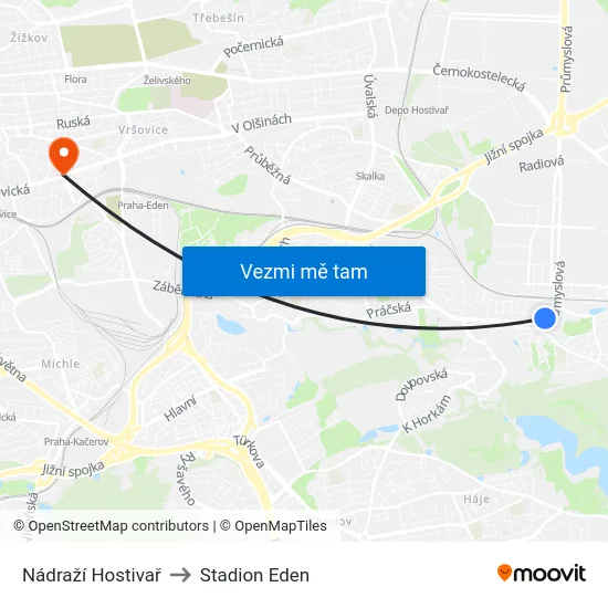 Nádraží Hostivař to Stadion Eden map