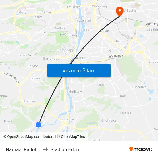 Nádraží Radotín to Stadion Eden map