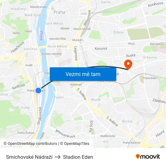 Smíchovské Nádraží to Stadion Eden map
