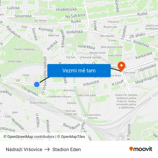 Nádraží Vršovice to Stadion Eden map