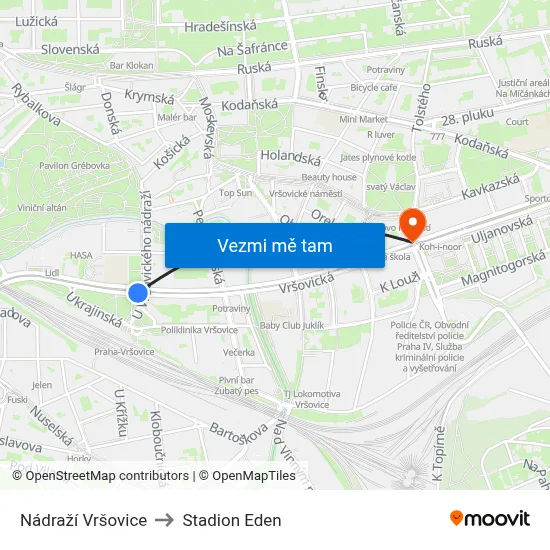 Nádraží Vršovice to Stadion Eden map