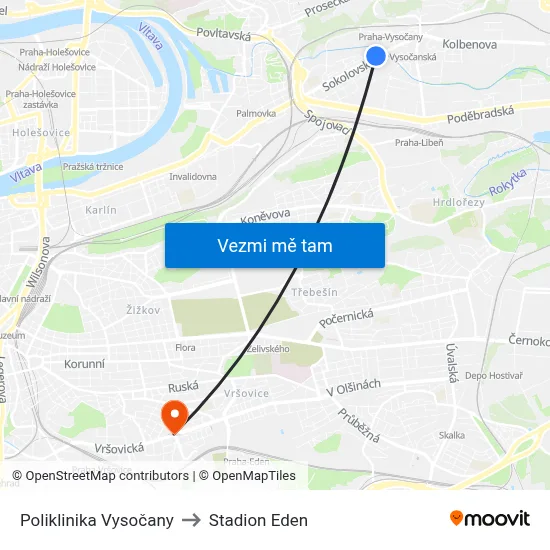 Poliklinika Vysočany to Stadion Eden map