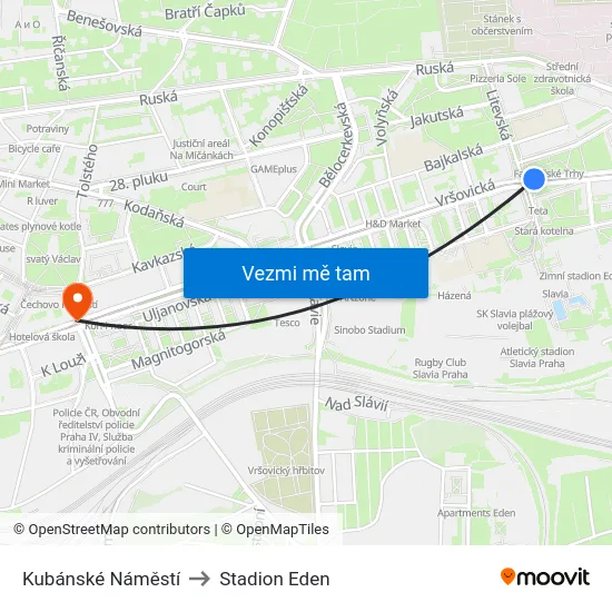 Kubánské Náměstí to Stadion Eden map