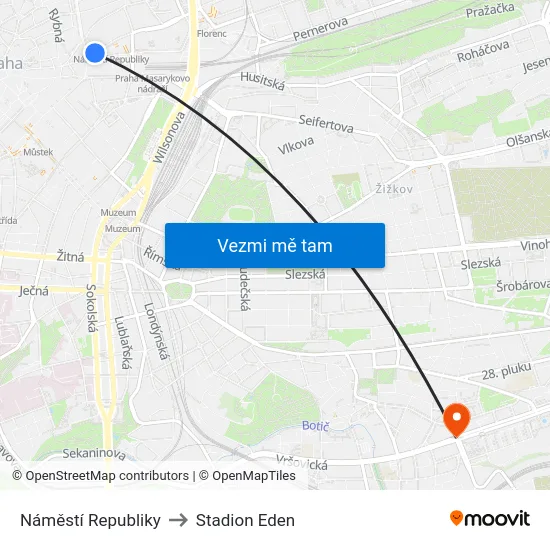 Náměstí Republiky to Stadion Eden map