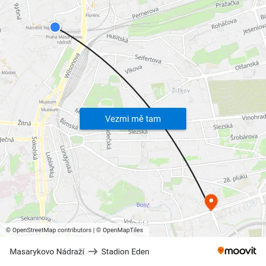 Masarykovo Nádraží to Stadion Eden map