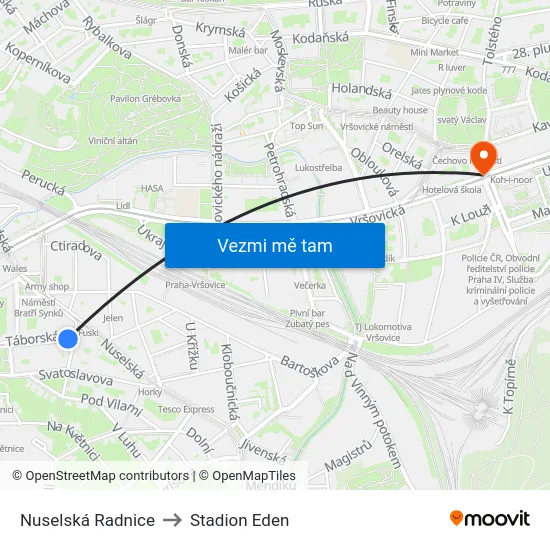 Nuselská Radnice to Stadion Eden map