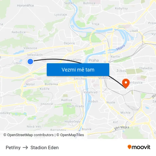 Petřiny to Stadion Eden map