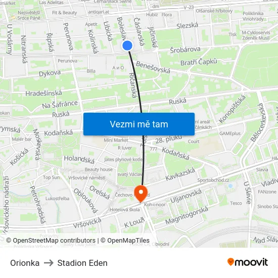 Orionka to Stadion Eden map