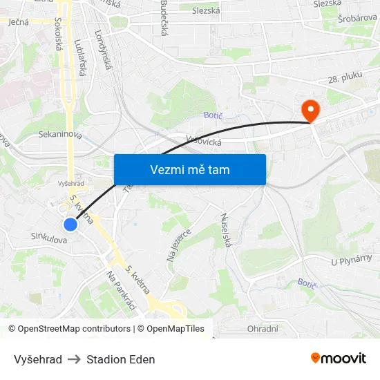 Vyšehrad to Stadion Eden map