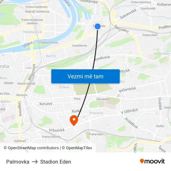 Palmovka to Stadion Eden map