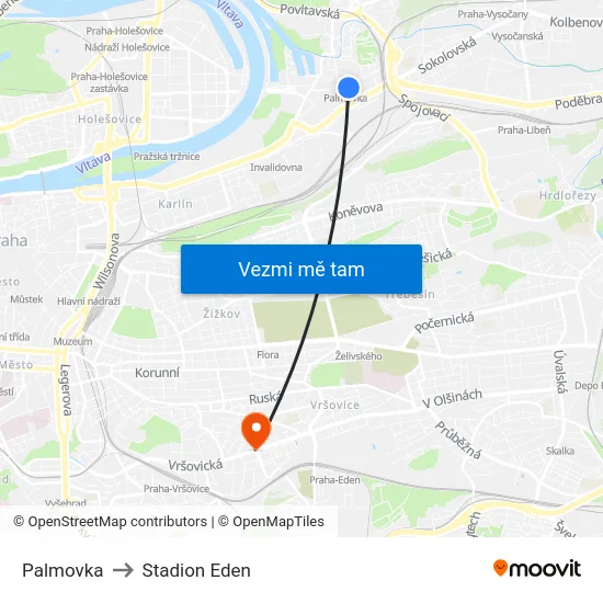Palmovka to Stadion Eden map