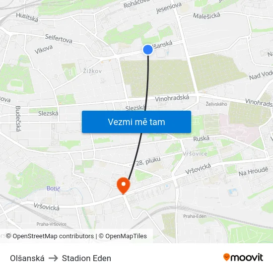 Olšanská to Stadion Eden map